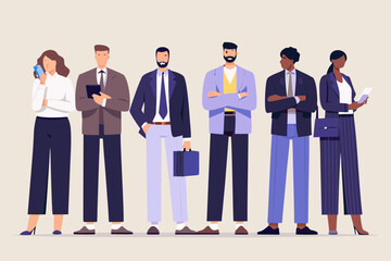 Diverse group of business professionals standing together in a line with confident expressions