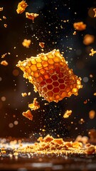 Dynamic close-up of a honeycomb with golden honey dripping and dust particles suspended in midair against a dark background, captu natural bee activity and organic sweetener production