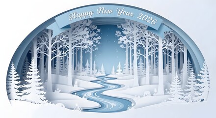 Whimsical paper cut diorama of a serene winter forest with a winding river and snow covered trees under a light blue archway with text