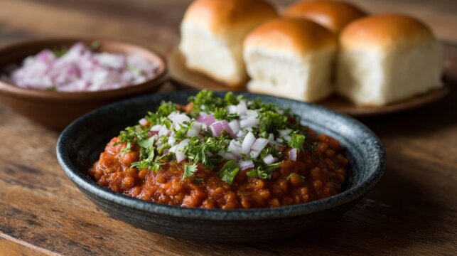 Paav bhaji extravaganza, spicy vegan delight, Indian street food festival, bursting coriander, Mumbai monsoon moments, vibrant culinary tapestry
