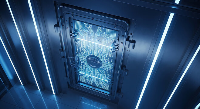 Futuristic vault door with glowing blue circuit board and neon lights technology security