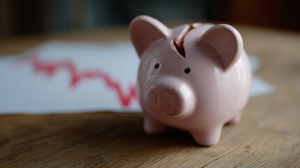 Pink piggy bank on wooden table against declining red graph, reflecting World Savings Day and frugality woes
