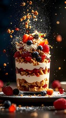 Tall layered cake with fresh berries cream frosting chocolate crumble dripping effect festive dessert celebration sweet induence