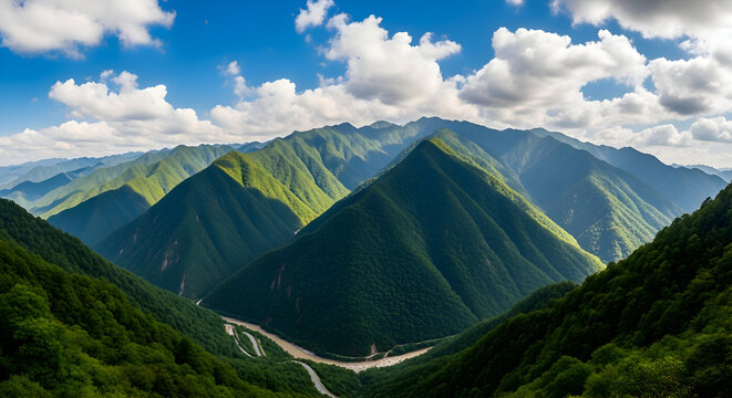 Majestic green mountains under a cloudy blue sky