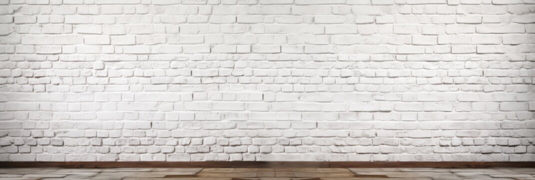 A clean, white brick wall with a wooden floor, creating a simple and minimalist backdrop for various uses.