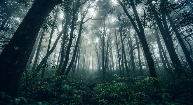 A dense forest with tall trees and lush green foliage under a misty sky creating an eerie atmosphere ai generated