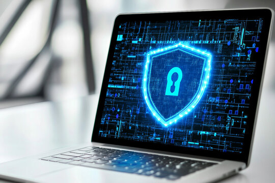 Blue shield icon on laptop screen representing cybersecurity and digital protection, generative AI