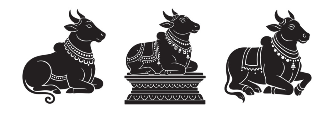 Sacred nandi statue inspired vector illustrations in traditional Indian ornamental style, black silhouette artwork, cultural design set