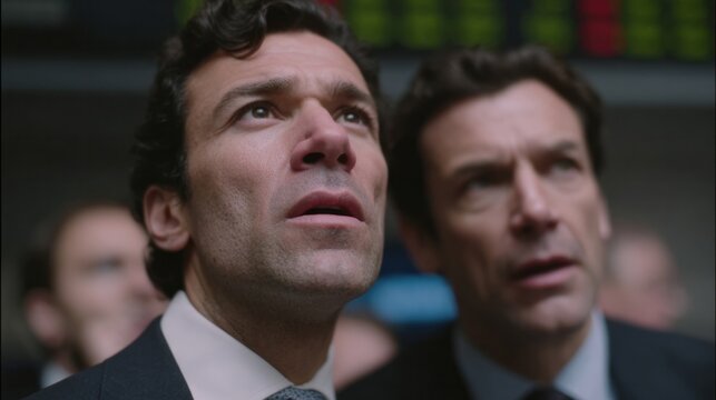 Two Caucasian businessmen gaze at fluctuating stock tickers, evoking Wall Street's chaotic frenzy on International Cash Flow Day