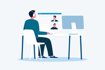 Man wearing headphones participates in a video conference call with colleagues on his computer
