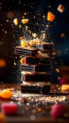 A tall stack of chocolate bars with colorful candy pieces exploding in midair creating a dynamic scene of chocolate and candy fragments on a dark background