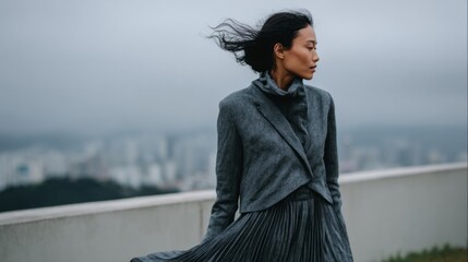 Stormy skies frame an enigmatic Asian woman in textured gray, echoing the ethereal solitude of World Goth Day