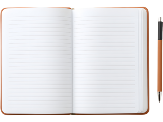 Open minimal notebook with black pen isolated on white background, representing writing, creativity, and organization.