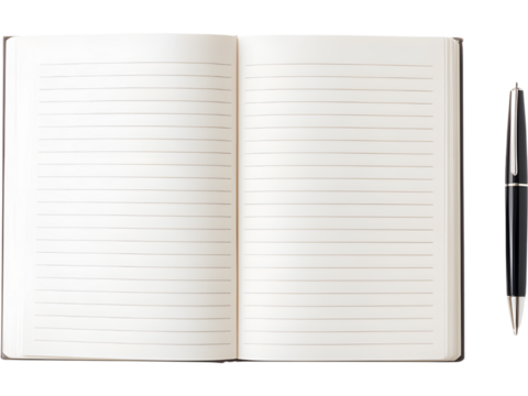 Open minimal notebook with black pen isolated on white background, representing writing, creativity, and organization.