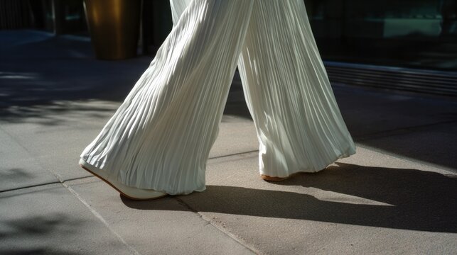 Pleated white trousers dance in sun-dappled shadows, reminiscent of '70s disco flair and World Art Day festivities