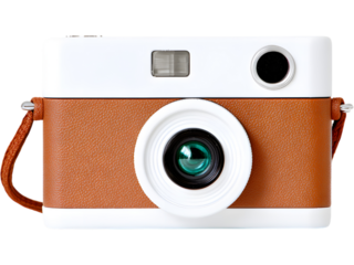 Retro camera with brown leather strap isolated on white background, representing travel, adventure, and creativity.