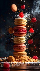 Tall Stack of Colorful French Macarons with Fresh Raspberries and Dusting of Powdered Sugar Moments of Culinary Art with Delicious Pastry and Sweet Fruit
