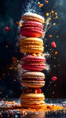 Tall stack of colorful assorted macarons falling with splash and crumbs on dark background, with vibrant dust and scattered toppings creating a dynamic culinary scene