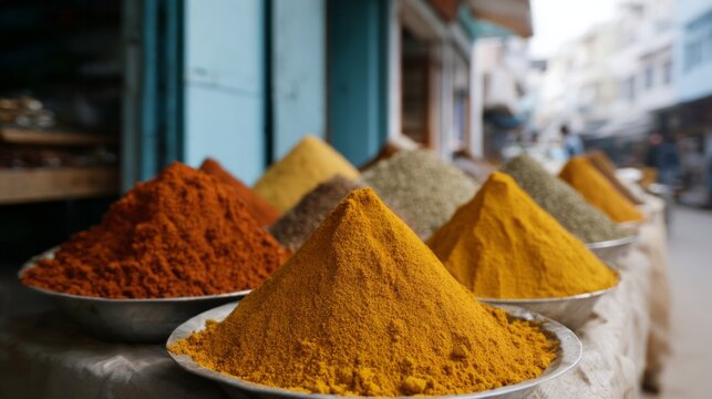 Aromatic spice mounds in vibrant hues conjure culinary alchemy, Diwali festival, bazaar tales, sensory spice journeys