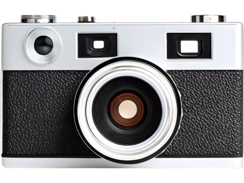 White retro-style camera with black lens isolated on white background, symbolizing photography and nostalgia.