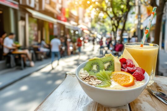 A vibrant bowl of fresh fruits with yogurt and a glass of juice on a sunny street.