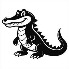 Friendly alligator cartoon floating on water with a big smile in monochrome style
