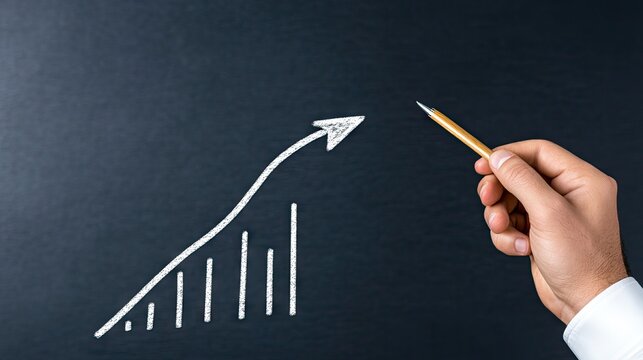 Businessman illustrating growth potential with upward bar chart for future planning in automation technology and investment strategies