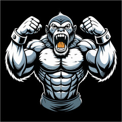 Powerful gorilla superhero illustration in black and white