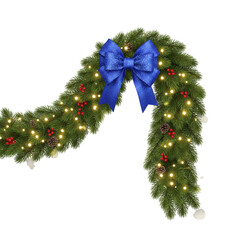 Christmas garland with blue bow isolated on transparent or white background, png