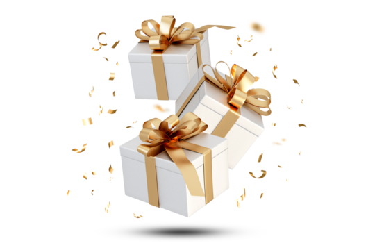 White gift boxes with golden ribbon flying isolated on transparent - Powered by Adobe