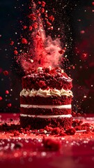 Vibrant explosion of red powder and berry toppings on a layered chocolate cake with whipped cream and festive background for celebration or event