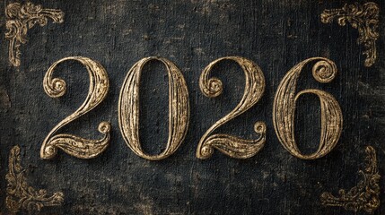 Celebrate 2026 with vintage numbers engraved in gold over textured black decorative wall, artistic craft and timeless beauty, symbolizing refined celebration and classical inspiration for New Year