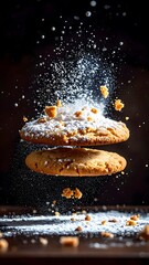 Delicious cookies with powdered sugar falling and exploding in midair on a dark background, captu a dynamic baking and dessert scene, high detail