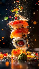 Vibrant sushi roll floating in midair with flying ingredients and explosion of spices and vegetables on dark background for food photography