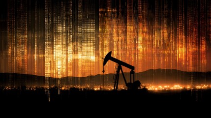 Industrial oil extraction apparatus silhouettes against a dramatic, digitally textured sunset over a distant illuminated urban area.