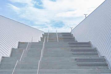 Stairs to the Blue Heaven. Wide staircase leads to roof of Naval Glory Museum, paths and observation platforms at the top. Kronshtadt