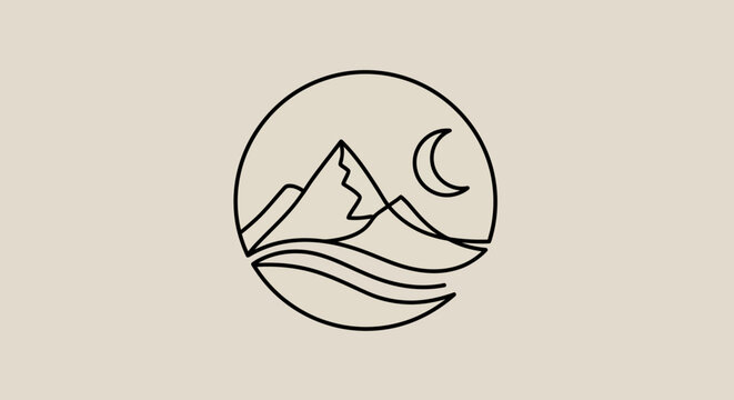 Minimalist circular emblem depicting a serene mountain range under a crescent moon with stylized waves below.