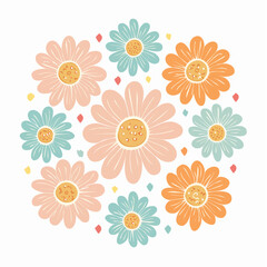 Vibrant yet gentle illustration of an abstract floral bouquet, featuring an array of stylized blossoms and geometric accents in a pleasing circular composition