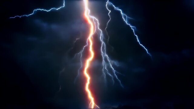 A vivid portrayal of a lightning storm, captured in a highresolution digital art style. The lightning bolt is the central focus, with its bright white and blue hues contrasting against the dark.