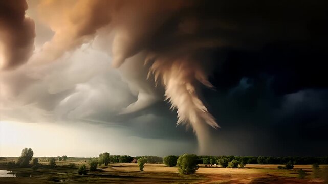 A vivid portrayal of a tornadic tornado in the sky, captured in a digital art style. The tornados swirling clouds are a mix of dark and light shades.