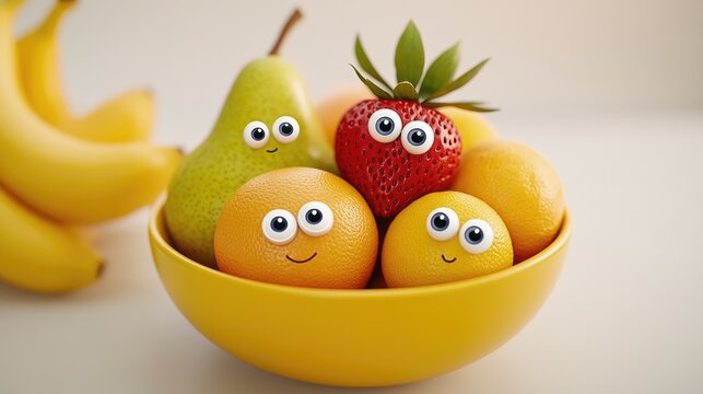 Playful fruit bowl with cartoon eyes brings joy to the kitchen in bright colors and soft shadows