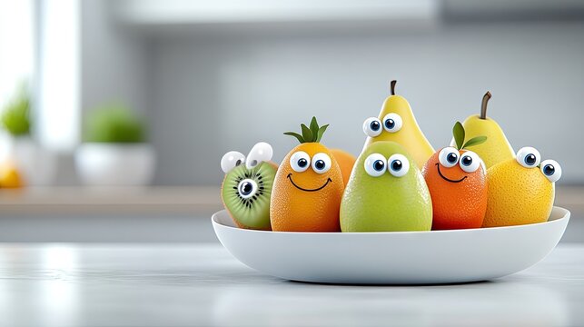 Colorful fruit bowl with playful eyes and cheerful expressions brightening up a kitchen - Powered by Adobe