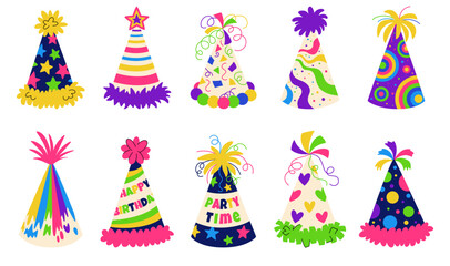 Cartoon party hats set. Bright decorative caps with confetti, stars, patterns, and embellishments. Perfect for birthday parties, childrens parties, holiday events, invitations, greeting cards.