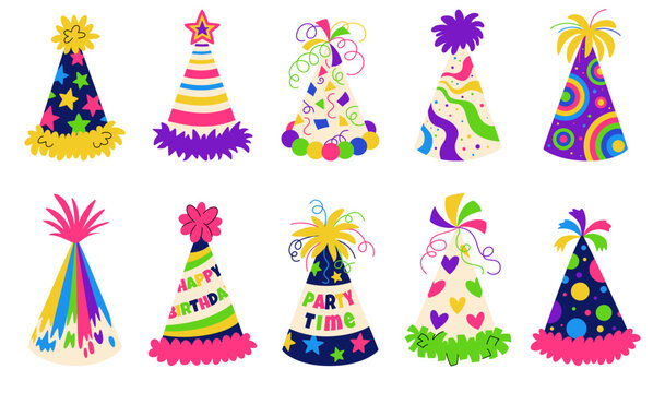 Cartoon party hats set. Bright decorative caps with confetti, stars, patterns, and embellishments. Perfect for birthday parties, childrens parties, holiday events, invitations, greeting cards.