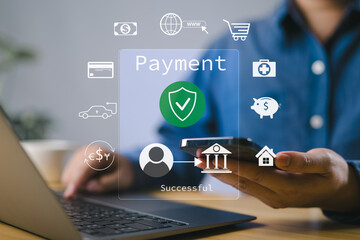Secure online payment, Digital banking, Payment successful, Fintech solutions for seamless transactions and data protection, Online banking, Businessman authorizes an online payment via smartphone.