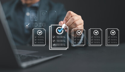 Businessman showing online document validation icon, quality assessment management With a checklist, business document evaluation process, market data report analysis and consulting.