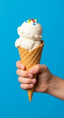 Hand Holding Delicious Vanilla Ice Cream Cone with Sprinkles.