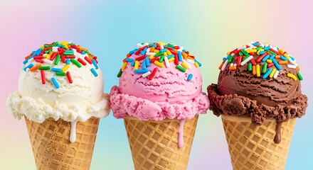 Three Ice Cream Cones with Sprinkles on a Colorful Background.