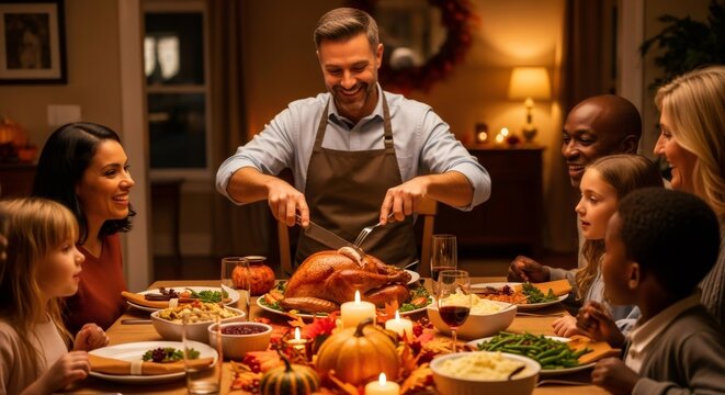 Man carving roasted turkey at Thanksgiving dinner with happy family. Holiday feast celebration with diverse group. Festive meal scene.
