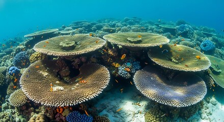 Underwater Coral Reef Scene with Table Coral and Marine Life.